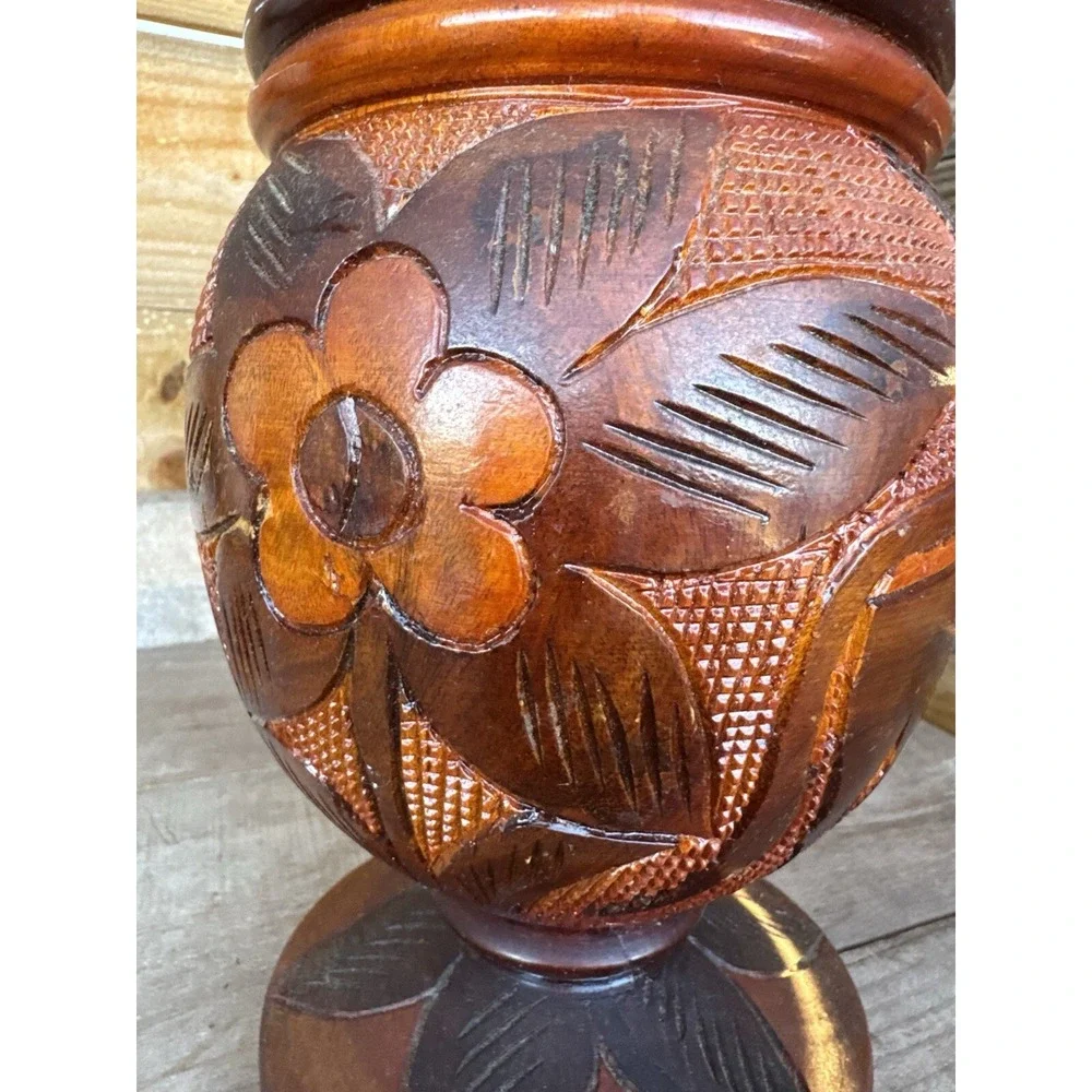 Vintage Hand Carved Wood  Bud Vase Folk Art Decor Flower Donkey‎ Palm Design
